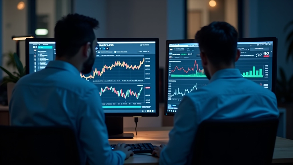 Stalinis kompiuteris su keliais monitoriais, rodančiais finansines grafikus ir analitines lenteles